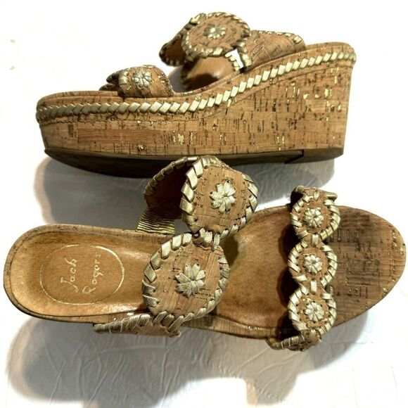 Jack Rogers Leigh Wedges Sandals Cork Platform Brown Gold Leather Slip On size 8 - Picture 1 of 11